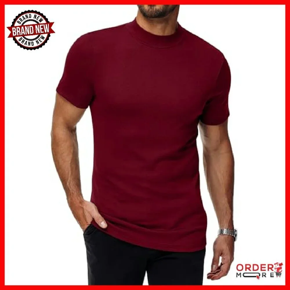 Men's Short Sleeve Mock Turtleneck Shirts, Slim Fit, 95% Cotton, Medium